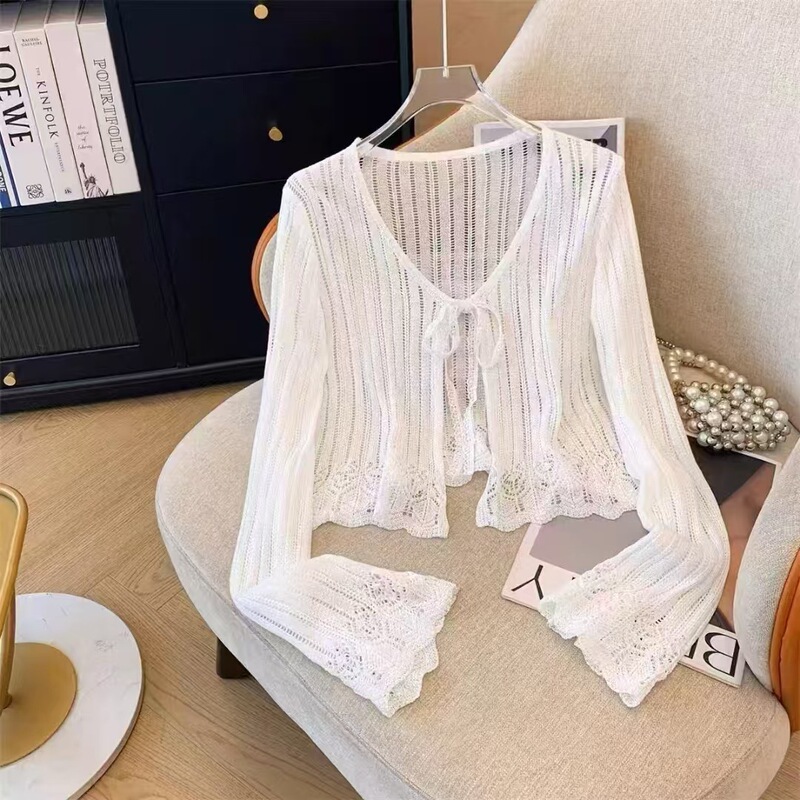 Sweet Style Hollow-Out V-Neck Tie-Up Knit Top for Women 2026 Summer Sun-Protective Long-Sleeve Cardigan Shawl Cover-Up Trendy Sweet Style Hollow-Out V-Neck Tie-Up Knit Top for Women 2026 Summer Sun-Protective Long-Sleeve Cardigan Shawl Cover-Up Trendy