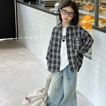 女童秋季2025新款长袖衬衫韩版休闲中大童女孩百搭格子衬衣外套潮