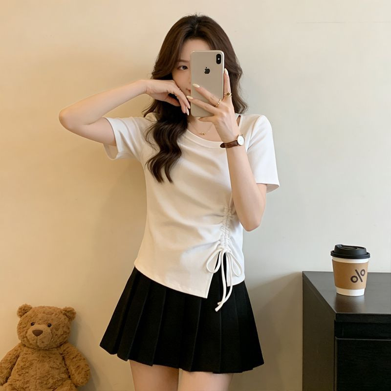 Plus-Size Women's Summer Irregular Shoulder Drawstring Short-Sleeve T-Shirt, Waist-Cinching, Tummy-Concealing, Slimming European-Style Top Plus-Size Women's Summer Irregular Shoulder Drawstring Short-Sleeve T-Shirt, Waist-Cinching, Tummy-Concealing, Slimming European-Style Top