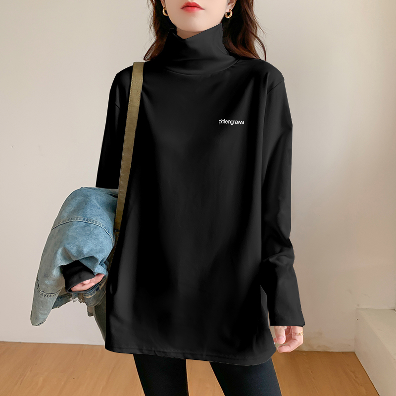 두꺼운 따뜻한 느슨한 플러스 사이즈 중장 최고 서양식 긴팔 티셔츠 여성용 트렌디 하이 칼라 베이스 셔츠