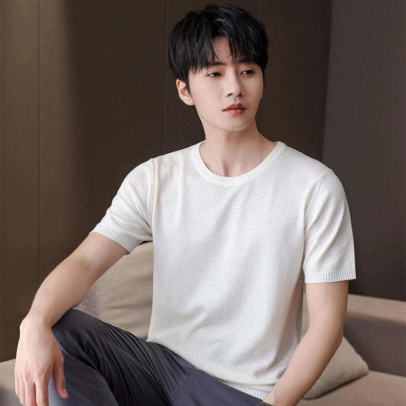 Весной и летом новая мужская полая футболка из ледяного шелка с круглым вырезом и короткими рукавами, корейский Тонкий крутой дышащий трикотажный топ с короткими рукавами