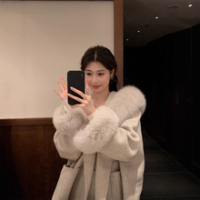 沪上千金~狐狸毛领连帽中长款羊毛大衣毛呢外套女呢子2025新款冬