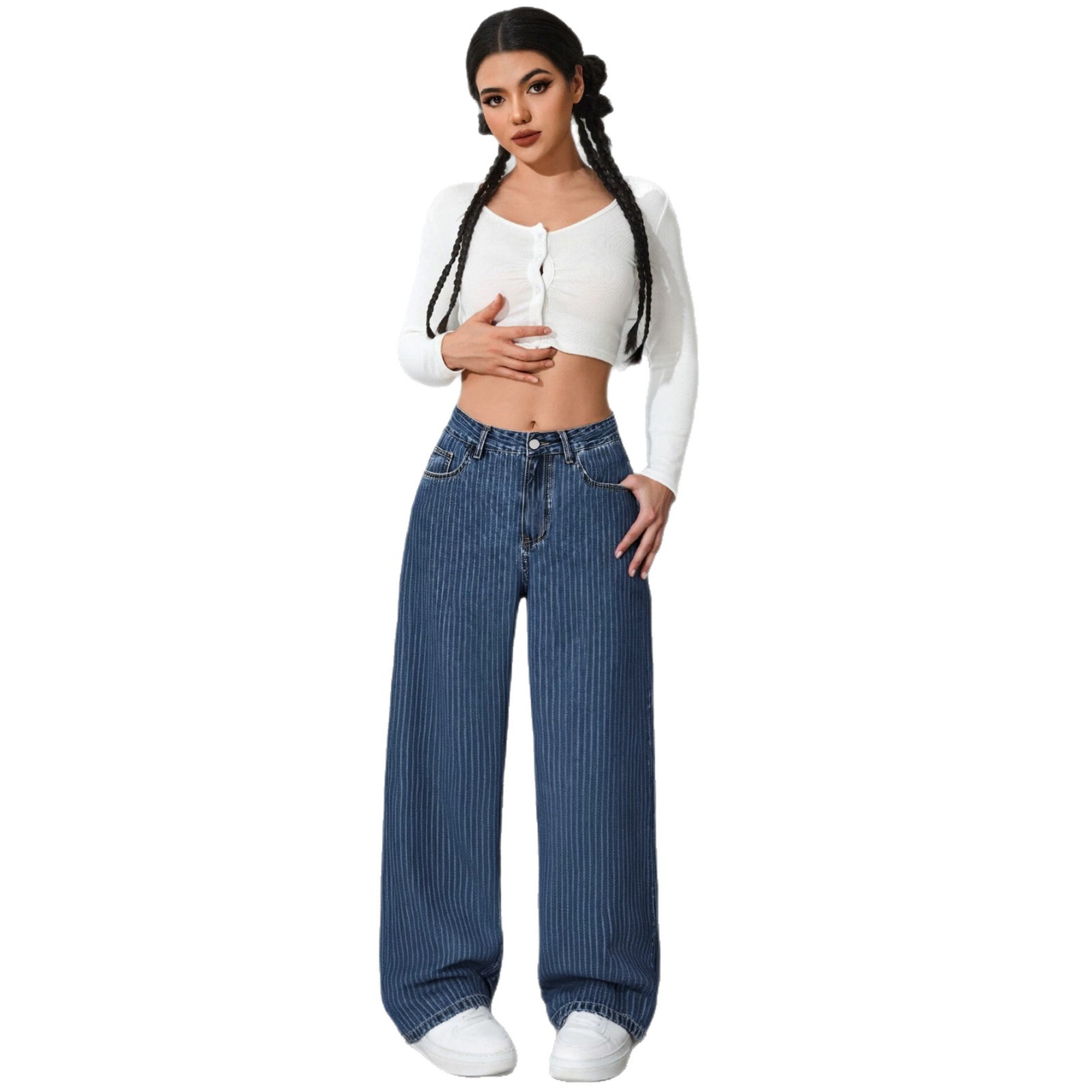 Women's High-Waisted Straight Leg Jeans Size 26 Sweet And Spicy Style Casual Striped Trousers Top Selling_mkmklike.com