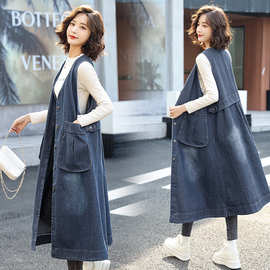 大码牛仔码甲连衣裙中长款2025春秋装韩版潮流时尚大口袋马夹