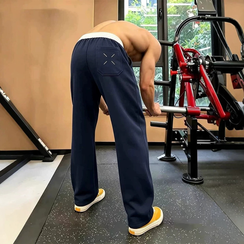 Navy blue American-style athletic sweatpants for men, autumn embroidered fitness curved-leg pants, loose-fitting straight-leg casual pants with a good drape Navy blue American-style athletic sweatpants for men, autumn embroidered fitness curved-leg pants, loose-fitting straight-leg casual pants with a good drape