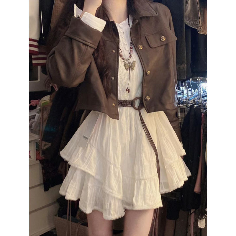 American Classic Retro Motorcycle Brown Versatile Leather Jacket + Gentle Style Slimming Look Waist Dress Suit