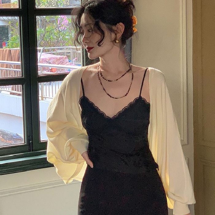 Lantern Sleeve Ice Silk Sun Protection Vest Knitted Cardigan Jacket Thin Women's Shawl Summer with Suspender Long Skirt Outer Blouse