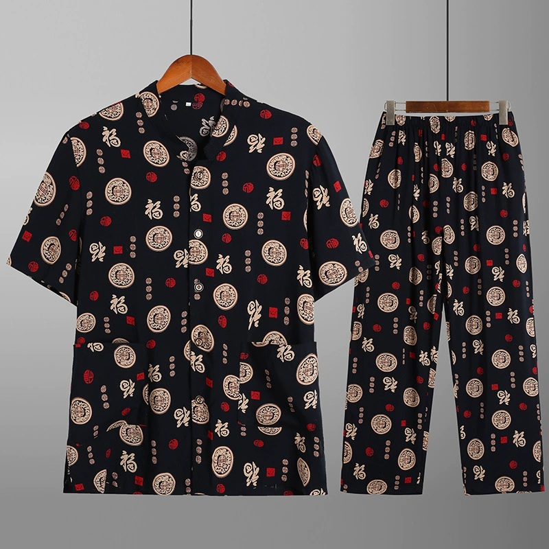 Летний хлопковый шелковый костюм для мужчин среднего и пожилого возраста, папина кардиган с короткими рукавами, пижама, свободная домашняя одежда большого размера, комплект из двух предметов