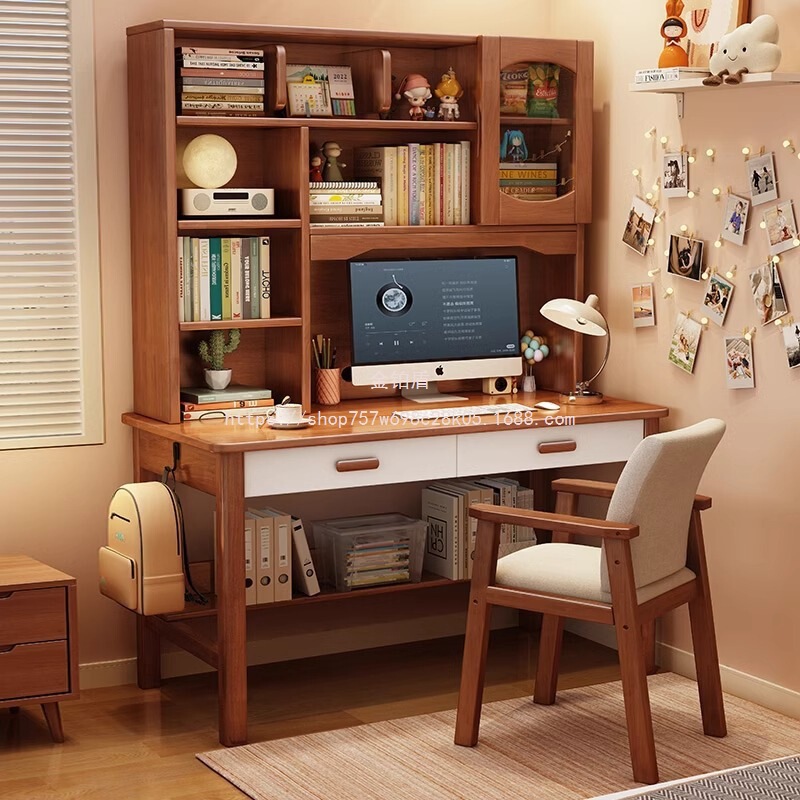 Gold Platinum Shield Integrated Solid Wood Desk Home Children's Bookshelf Book Counter Computer Desk Simple Study Table Bedroom