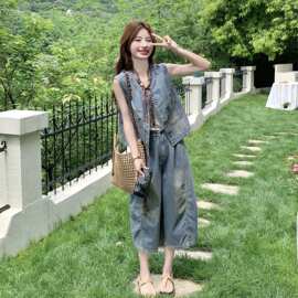 刺绣牛仔套装女无袖马甲七分阔腿裤两件套2026夏高级感复古风穿搭