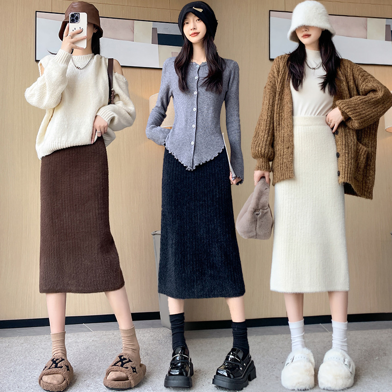 加厚水貂绒针织半身裙女秋冬季高腰a字包臀半裙开叉一步裙配毛衣|undefined
