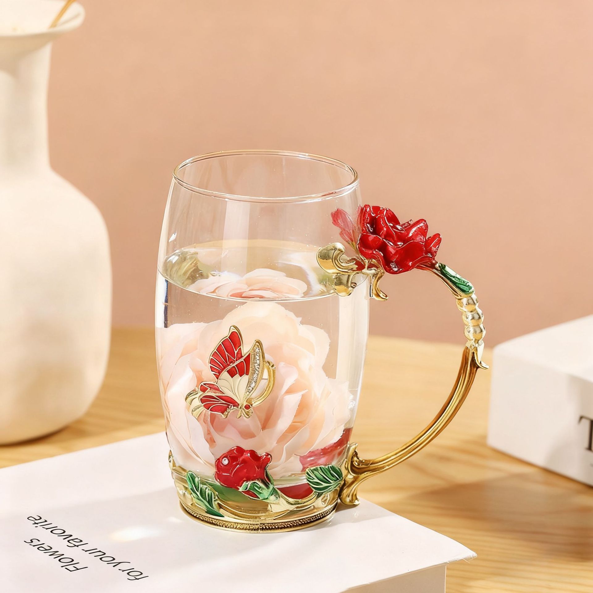 Taza de té con cubierta de flores creativa sala de estar taza de agua de desayuno de lujo taza de leche de esmalte de color taza de café de mujer taza de vidrio casero