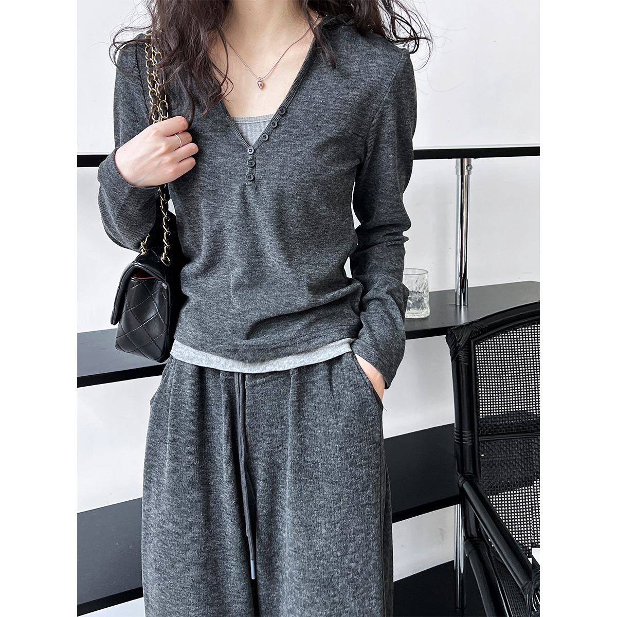 Luxi early autumn stacked casual sports suit women's hooded sweater + camisole + wide leg pants three-piece set 2163