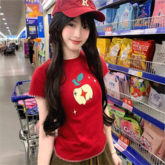 原版面料美式复古苹果提花刺绣毛巾绣短袖T恤女正肩修身百搭上