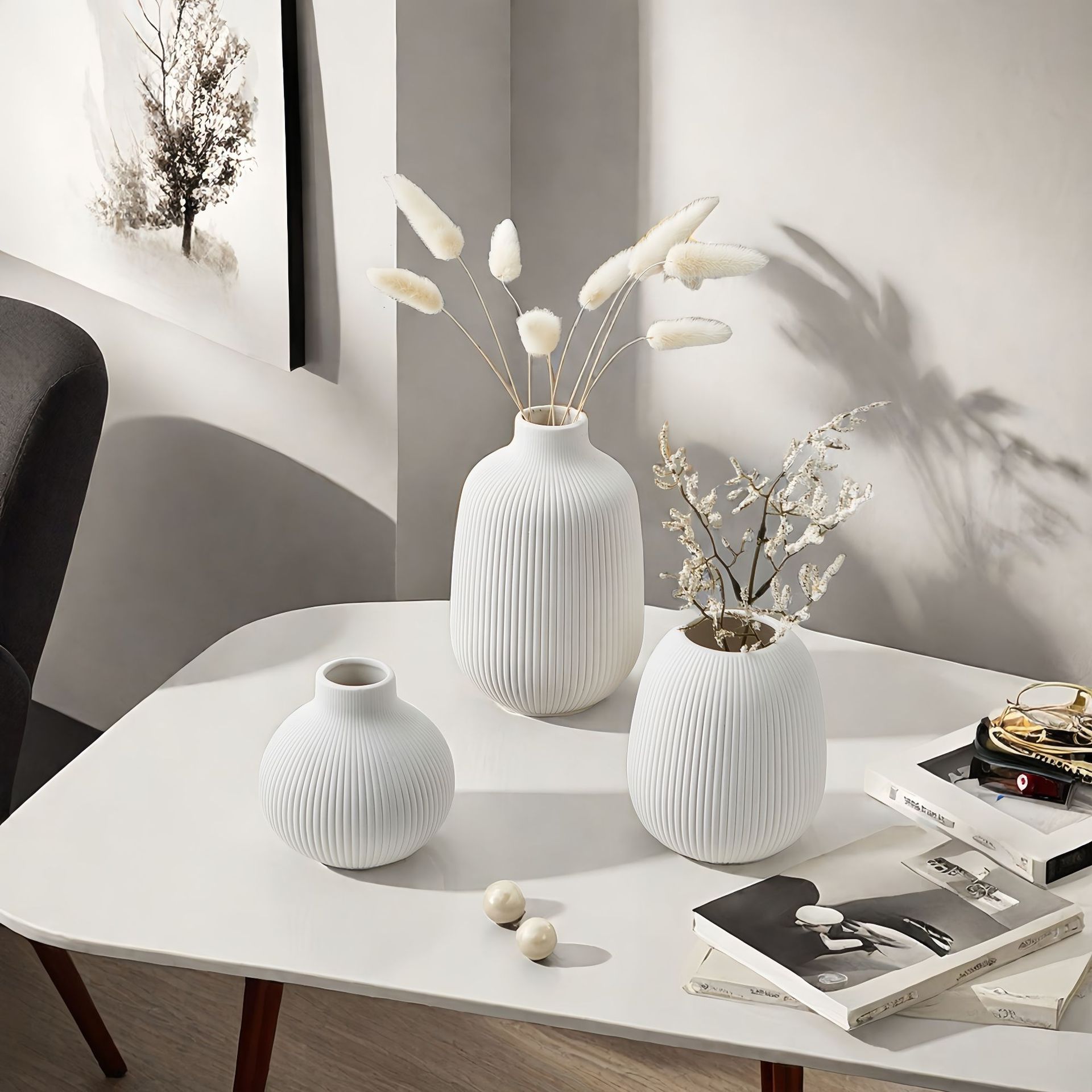 Cerámica nórdica blanca cepillado jarrón de tres piezas conjunto de decoración para el hogar sala de estar escritorio floral jarrón de arte transfronterizo