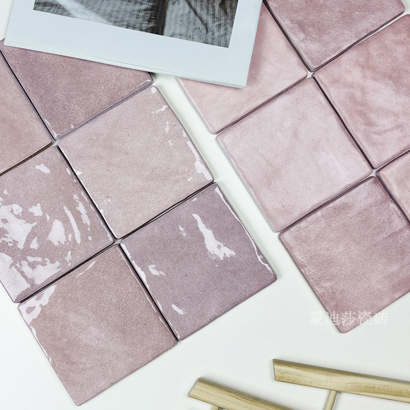 Spanish Style Light Pink Gradient Handmade Brick Kitchen Bathroom Toilet Wall Tiles 100*100 Pearl Small Square Tiles