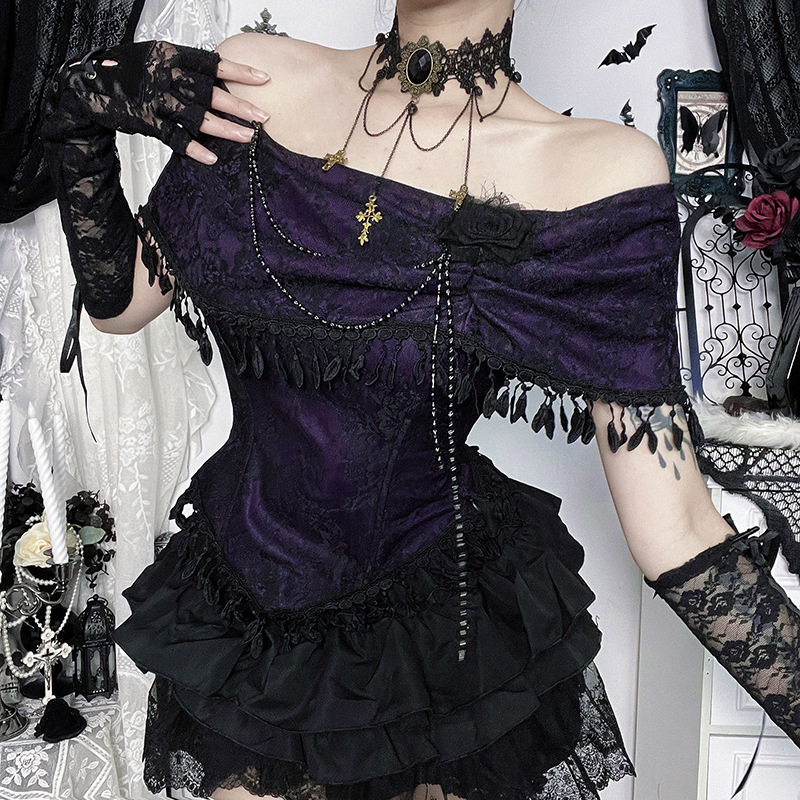 2026 European and American Cross-Border New Gothic Style Slim-Fit Versatile Lace Top Dark Style Off-Shoulder Rose Top