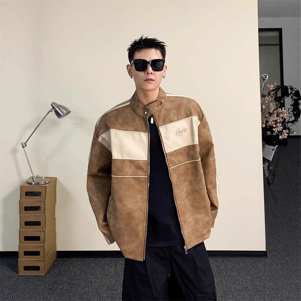 Коричневая кожаная куртка мужская в американском ретро-стиле контрастного цвета, свободная высококачественная уличная красивая куртка в мотоциклетном стиле Maillard