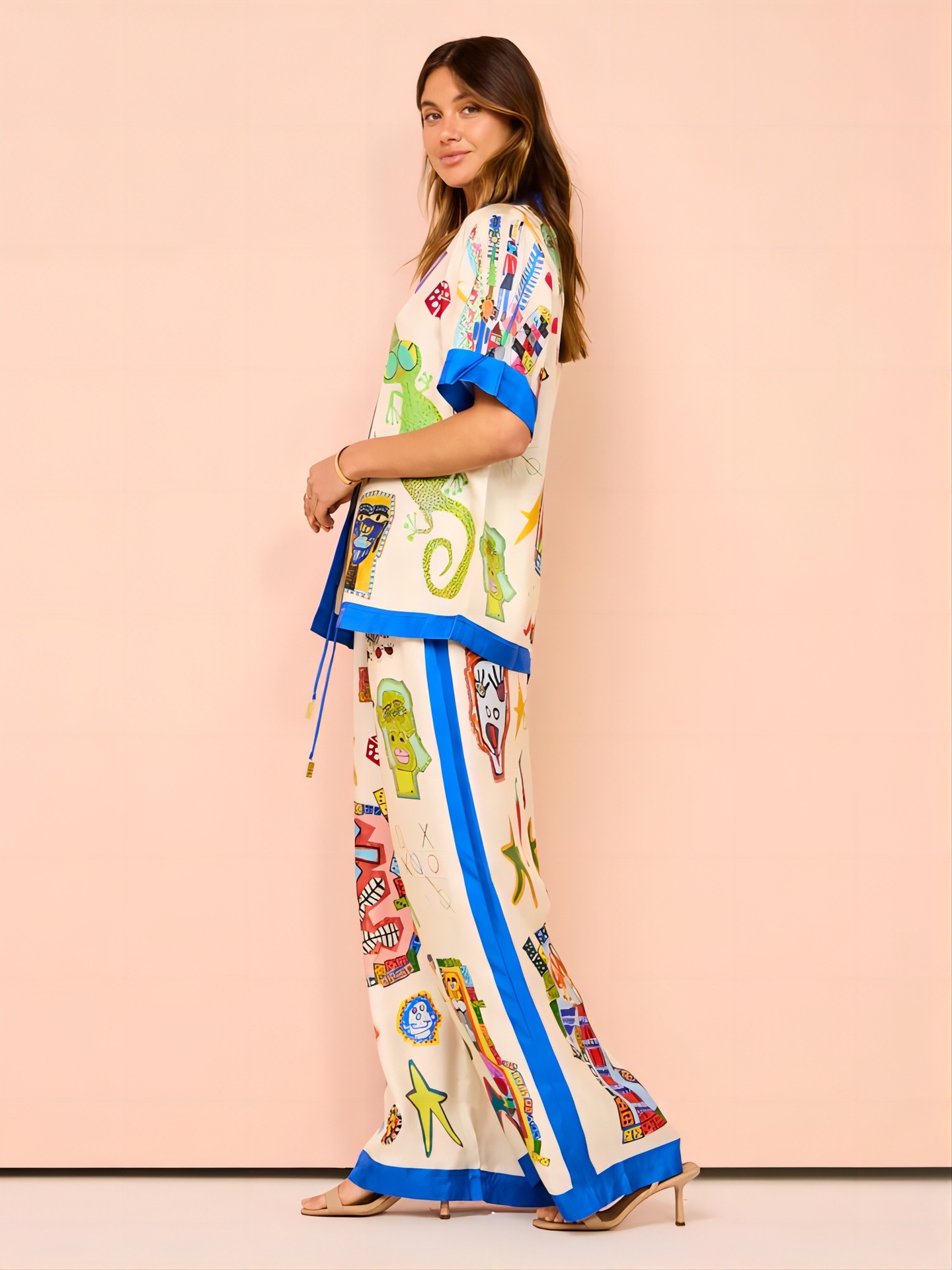 Loose Fit Type Graffiti Pattern Holiday Women's Casual Graffiti Polyester Printing Pant Co-ord Set Pants Sets