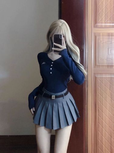 [260g rayon modal] Retro embroidered button long-sleeved T-shirt for women sweet hottie slim-fitting top American style