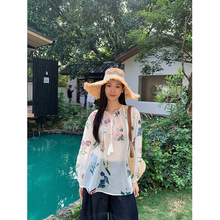 爱西里2025夏季森系天丝花卉宽松慵懒流苏织带文艺防晒罩衫13937