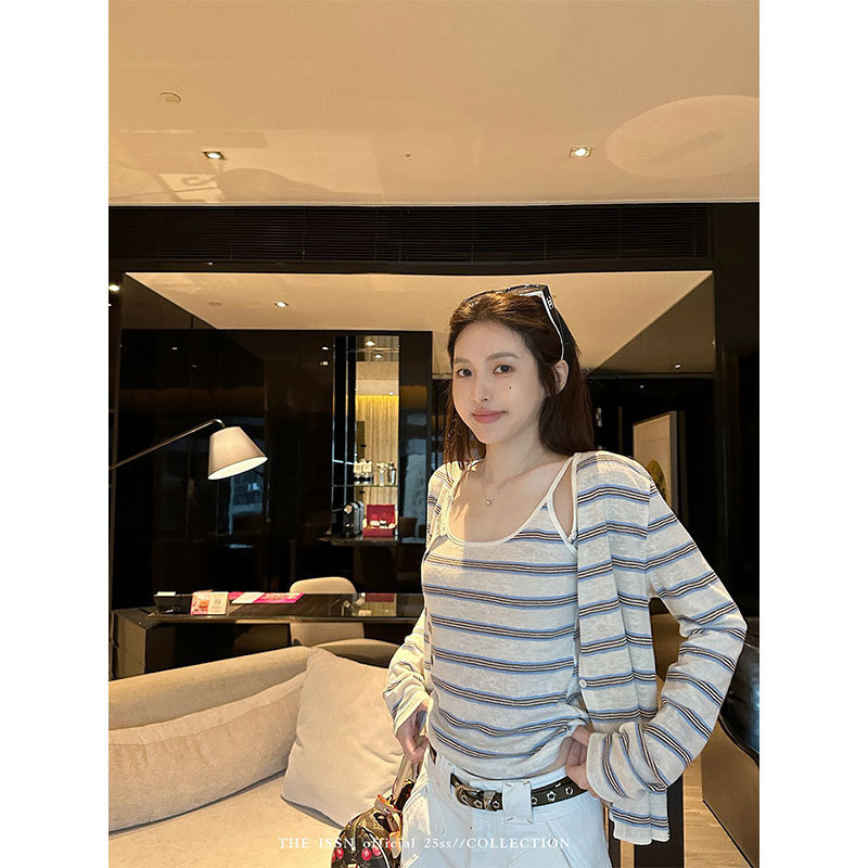 Morning Collar [Original Quality] Korean Style Elegant Striped Camisole Vest New Elegant Long Sleeve Cardigan Two Pieces