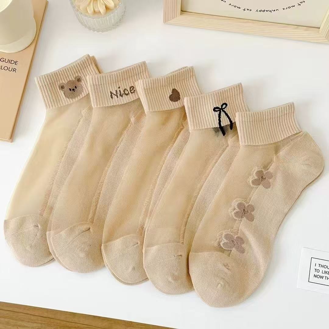 Summer new socks crystal silk thin cotton bottom breathable simple skin color glass silk cartoon all-match short tube women's socks