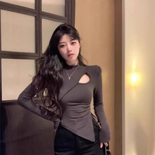 罗纹德绒230克1*1】不规则下摆抽绳收腰T恤女装性感上衣