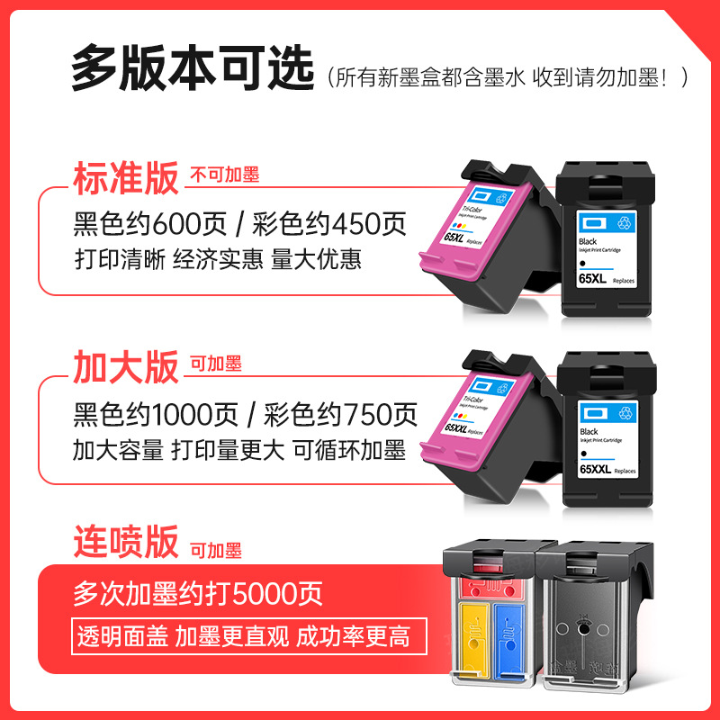 Cartucho de tinta HP 65XL HP2652 2655 2620 3720 3721 3722 3723 5020