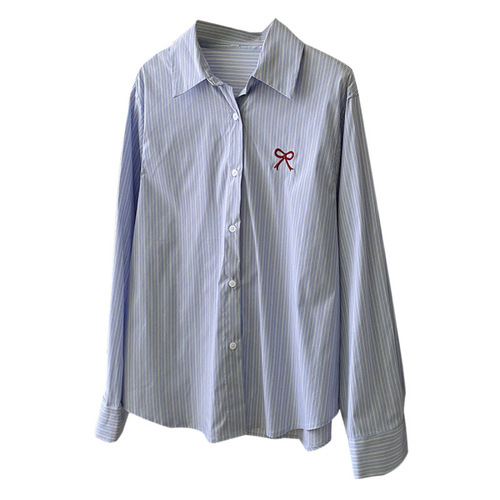 Retro Hong Kong Style Bowknot Embroidered Striped Shirt 2025 Autumn Casual Loose Versatile Long-Sleeved Top Jacket for Women