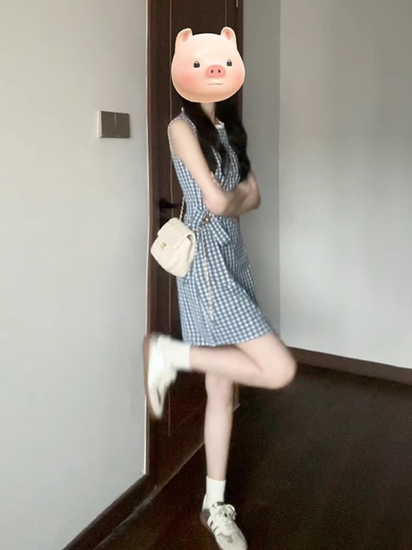 女性のための小さなノースリーブチェック柄ベストドレス夏のウエスト痩身フレンチスタイルレースアップAラインショートスカート|undefined