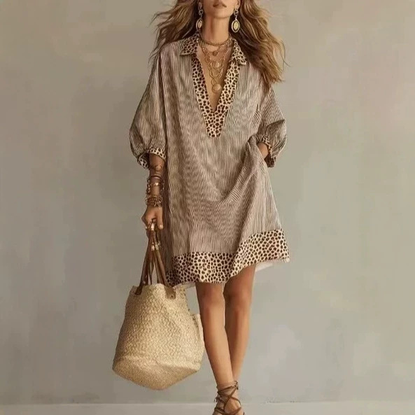 Cross-Border Amazon 2026 European and American Spring/Summer Hot-Selling Deep V-Neck Leopard Print Loose Patchwork Dress