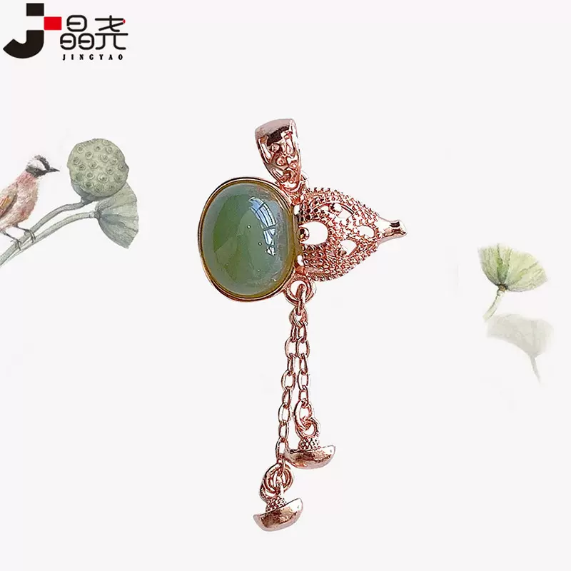 晶尧 天然和田玉葫芦项链吊坠阳绿羊脂白色14K包金男女款礼物批发