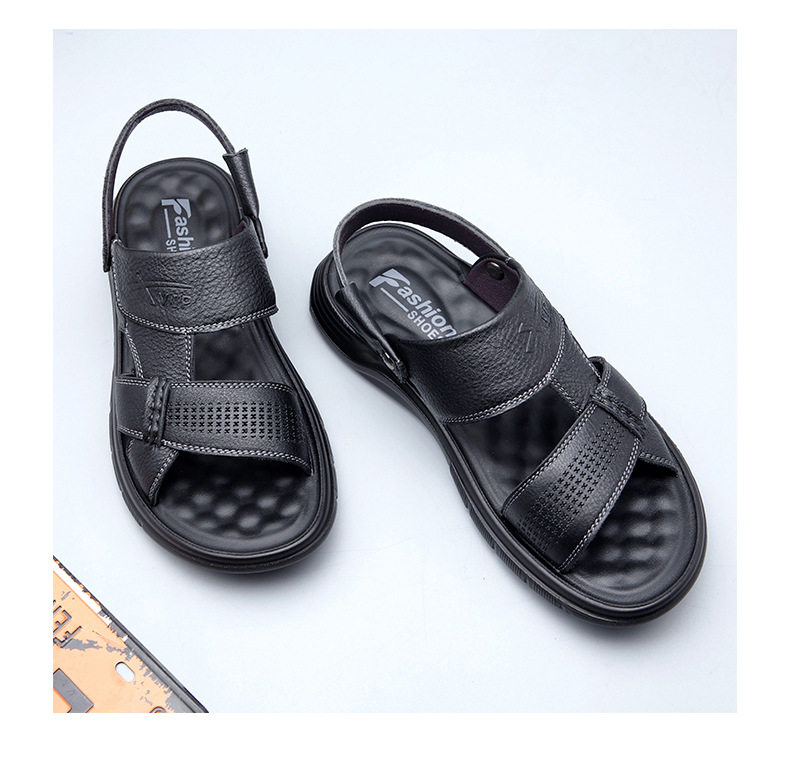 Dép sandal nam da bò hở ngón gót bằng 2,5 cm thoáng khí chống trượt — Kaki, Màu đen chi tiết 14