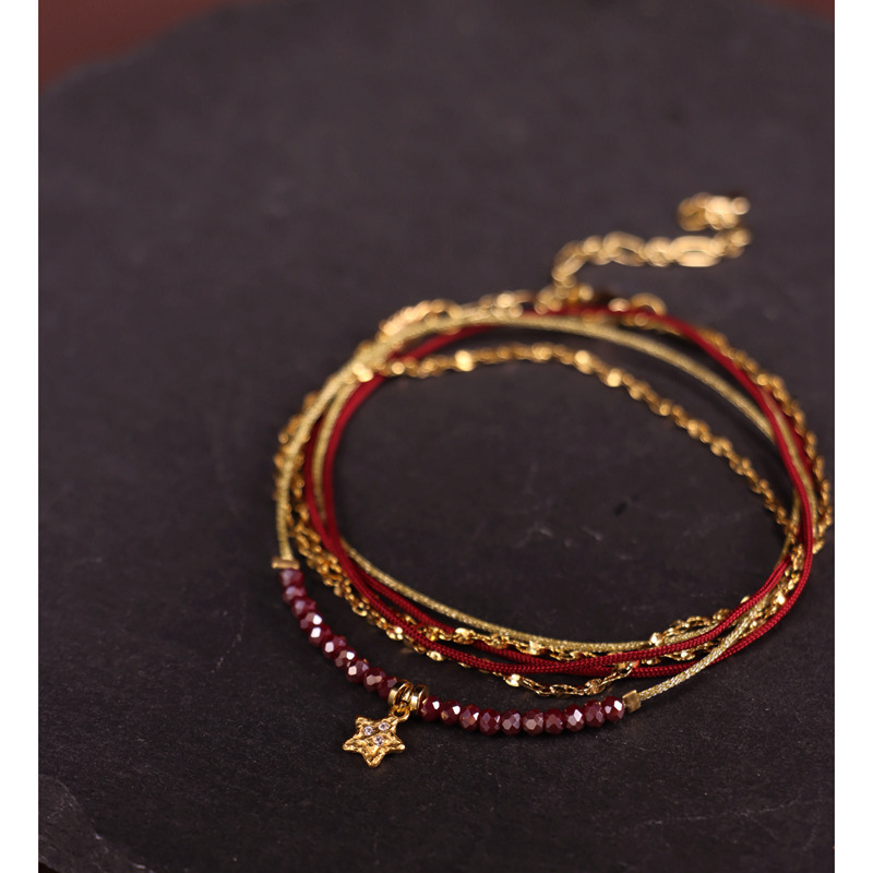 French-Style Niche Design Multi-Layered Red String Star Faceted Bead Stacked Bracelet Woven Bracelet Wholesale