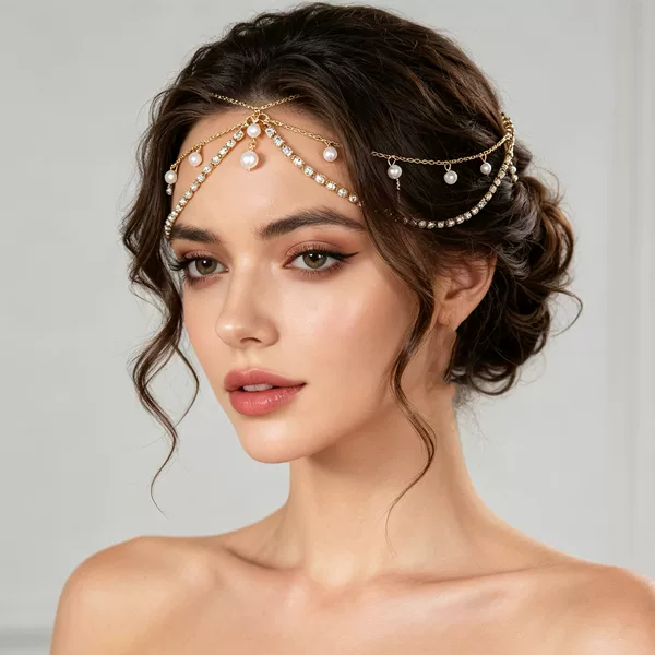 European and American cross-border jewelry, light luxury pearl pendant multi-layer hair chain for women, vintage exotic style rhinestone-embellished head chain