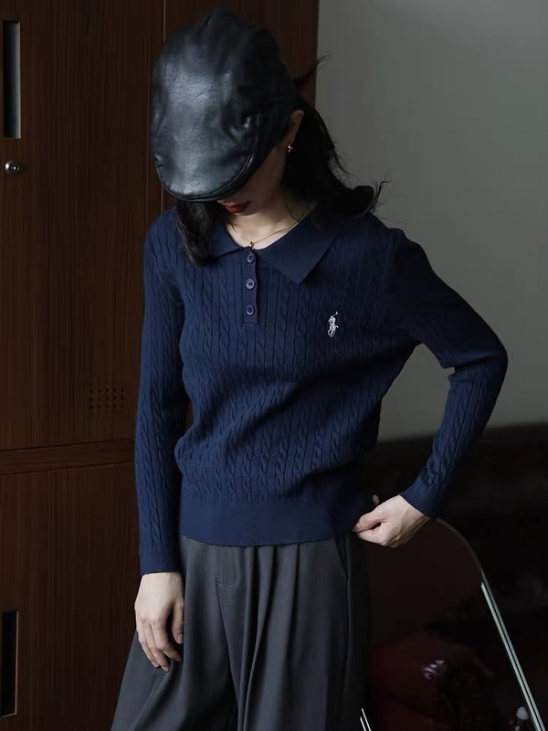 蚕丝羊毛POLO小马刺绣针织打底衫女秋冬复古修身长袖麻花翻领毛衣|undefined