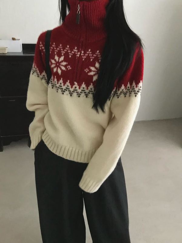 韩系费尔岛圣诞雪花高领毛衣女秋冬新款保暖宽松针织衫上衣女1308|undefined
