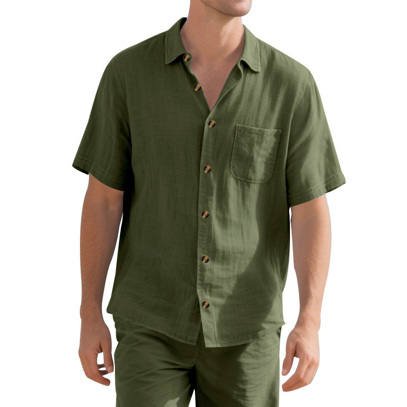 Transfronterizos Amazon hombre verano sólido con lazo de cuello corto Cardigan de manga corta camisa de vacaciones Casual comercio exterior hombre
