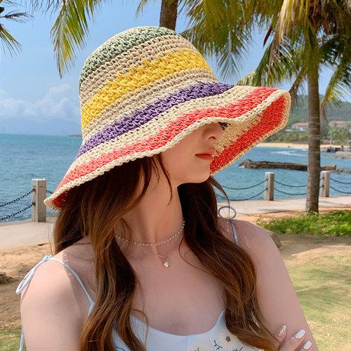 Handmade Grass Hat for Women, Foldable Bohemian Beach Rainbow Striped Fisherman Hat, Sunshade, Makes Face Look Smaller, Trendy Bucket Hat