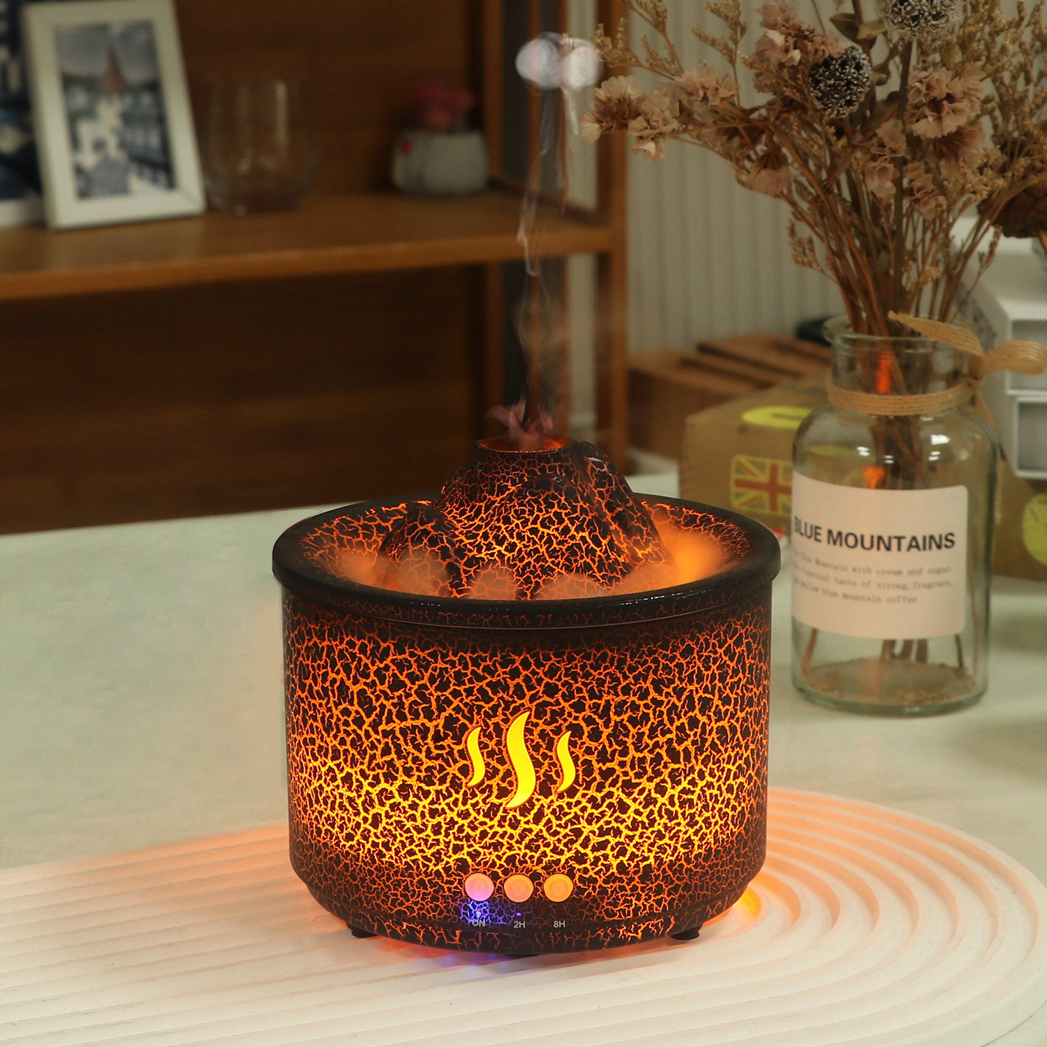 Nueva llegada anillo de humo spray de modo dual máquina de aromaterapia ultrasónica humidificador de aceite esencial llama lámpara azul erupción volcánica