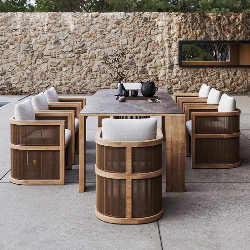 Mesa y silla de teca al aire libre tela de caña combinación restaurante chino hotel sala de sol a prueba de lluvia terraza muebles de patio
