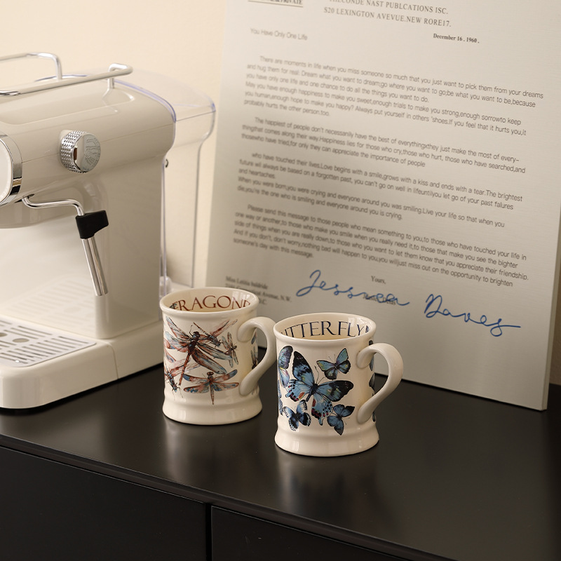 Taza de mariposa francesa Taza retro de gran capacidad Taza de agua de oficina Taza de desayuno Taza de leche Taza de cerámica Taza de agua INS