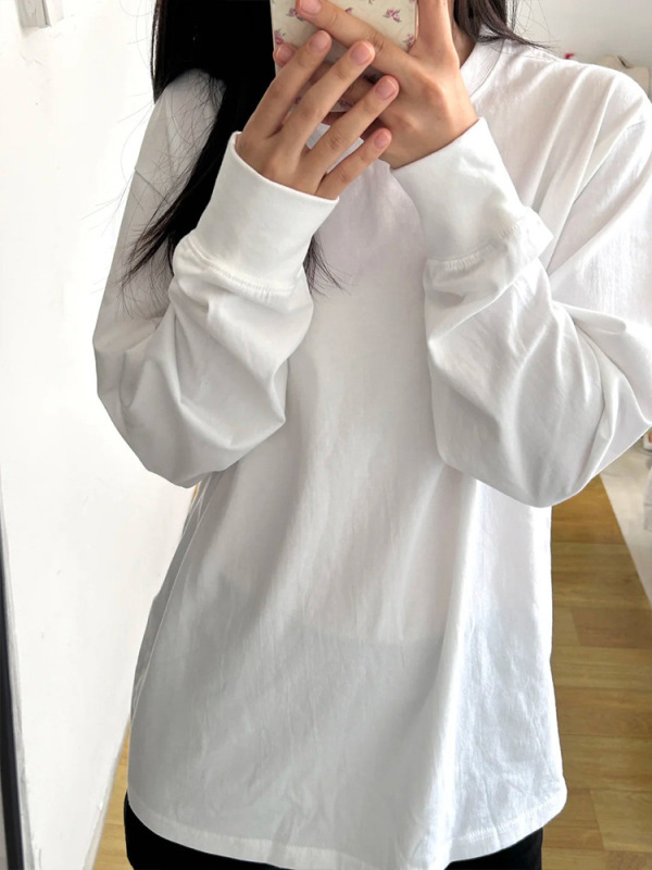 棉圆领长袖T恤女秋冬白色叠穿上衣纯色基础款宽松内搭打底衫|undefined