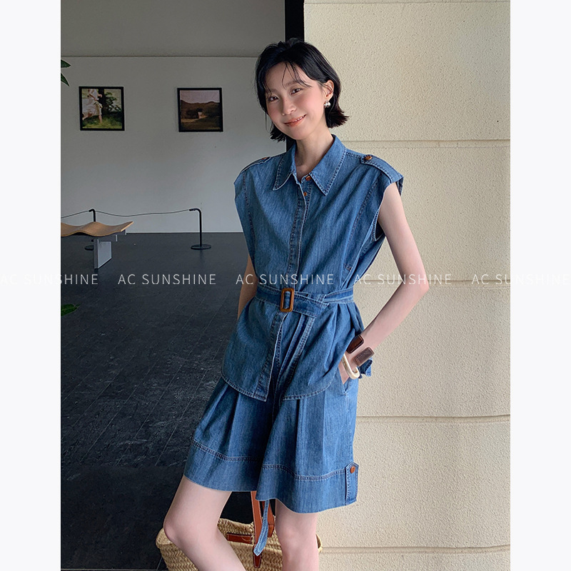 Ac Sunshine Workwear Style Denim Cotton Retro Distressed Design Loose Lapel Shirt for Women Summer 19817 Ac Sunshine Workwear Style Denim Cotton Retro Distressed Design Loose Lapel Shirt for Women Summer 19817