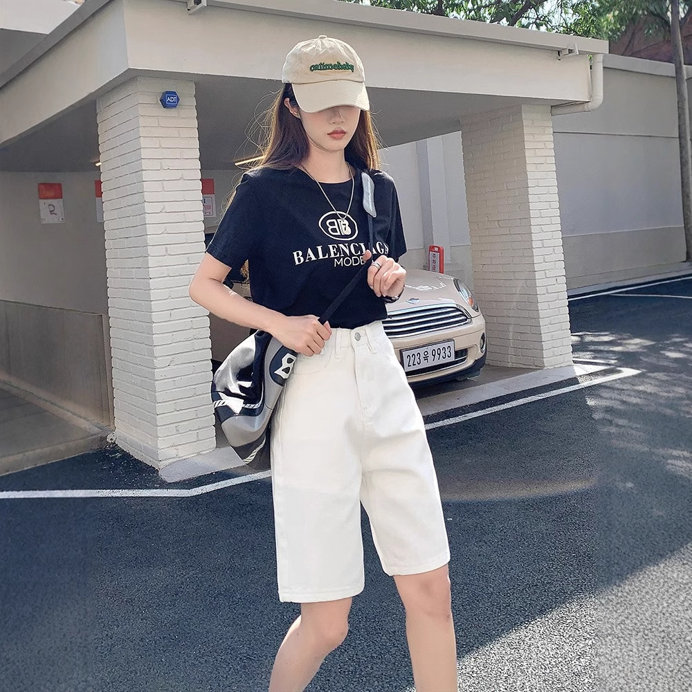 白色直筒牛仔短裤女夏薄款五分裤高腰宽松阔腿韩版学生中裤潮ins