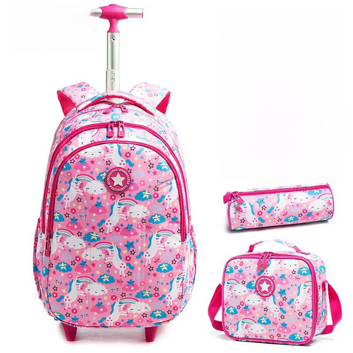 New Korean-style pull-along backpack set for 2-6 grade students, 16-inch, 3-piece set, lightweight, breathable children's double shoulder backpack