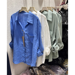 西洋風クラインブルー～オールドマネースタイル100リネンシャツレディースVネックルーズ長袖日焼け止めシャツカーディガントップ