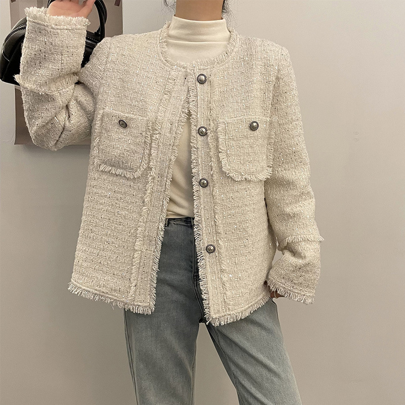 Lizhiqi socialite wind small fragrance down jacket winter new sequined white duck down wool tweed coat 240738