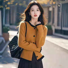 撞色花边领开衫毛衣外套女2025新款冬季时尚减龄洋气宽松针织上衣